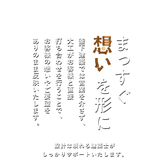 まっすぐ想いを形に 釜下建築では営業を介さず、大工がお客様と直接打ち合わせを行うことで、お客様の想いやご要望をありのまま反映いたします。設計は頼れる建築士がしっかりサポートいたします。